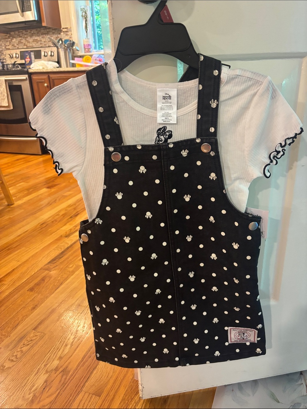 Disney Black Polka Dot Overall Dress with White Tee